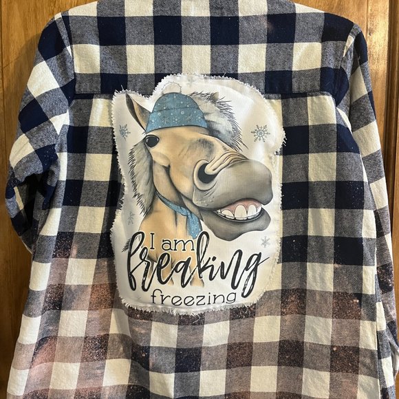 UP-CYCLED DISTRESSED BLUE & WHITE FLANNEL LARGE WITH - Picture 2 of 3